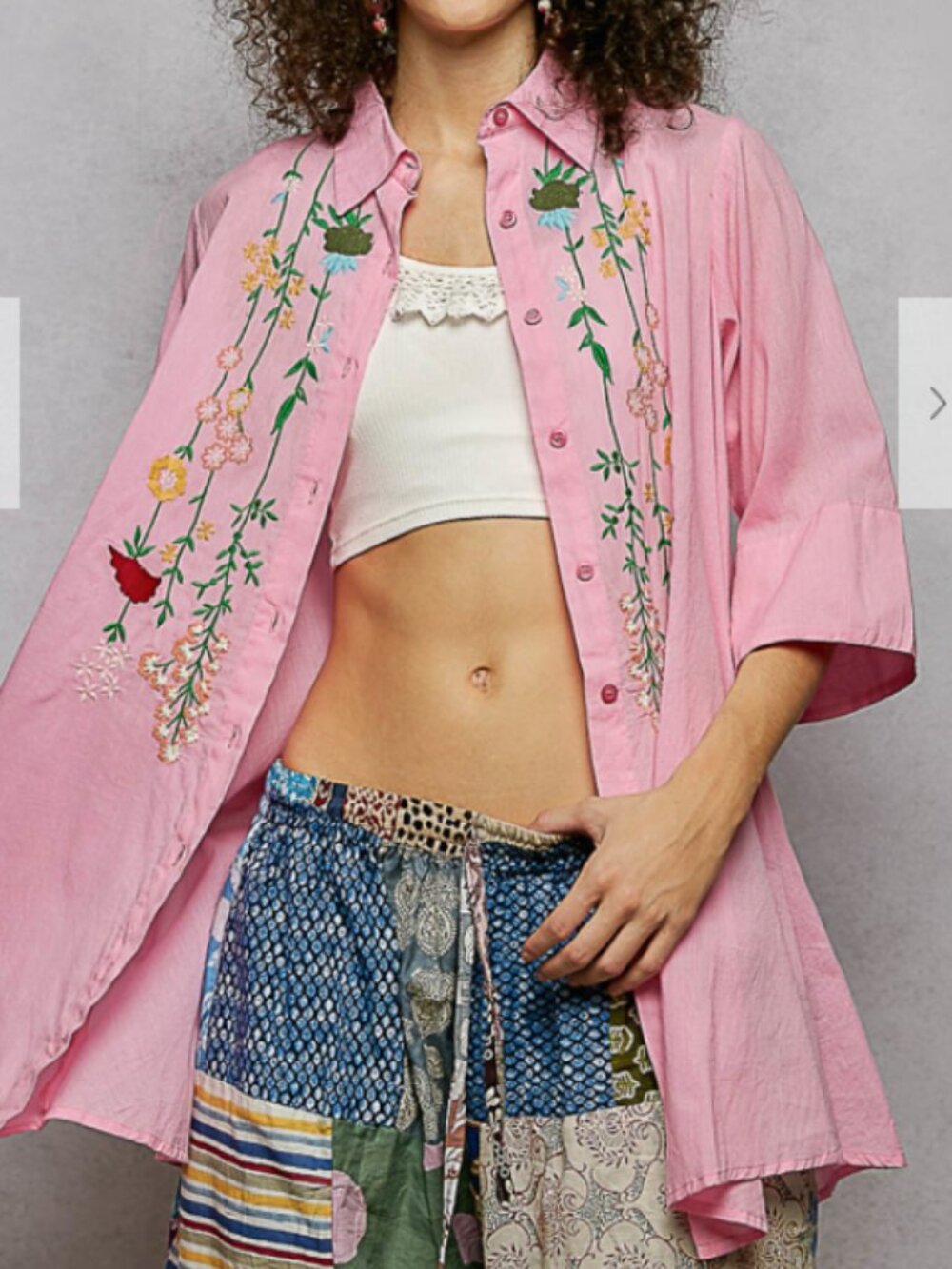 157. NEW -  POL Flowing vine-like embroidery top, pink